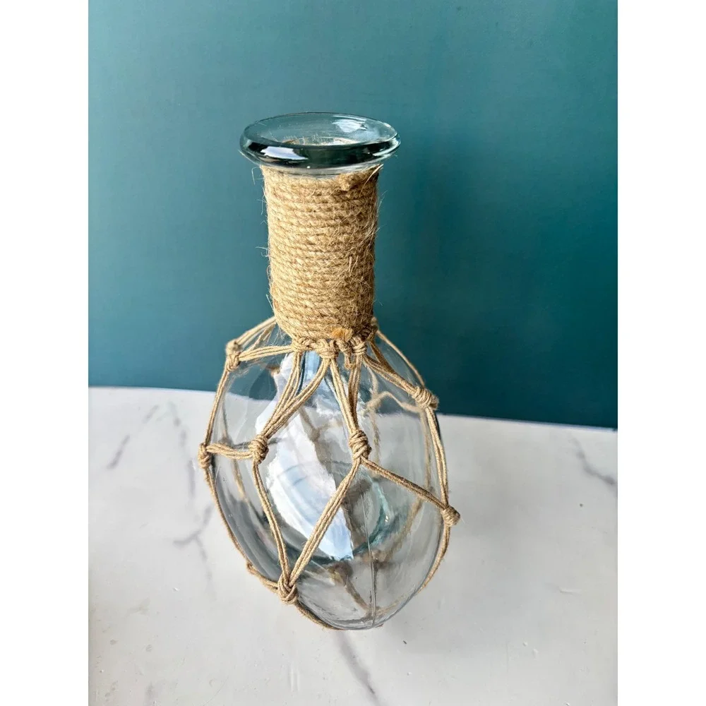Nautical Glass Vase Jute Rope Wrapped Net Coastal Beach House Decor Centerpiece